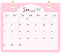 「2026年3月 March」ピンクのハート背景とリボンのカレンダー