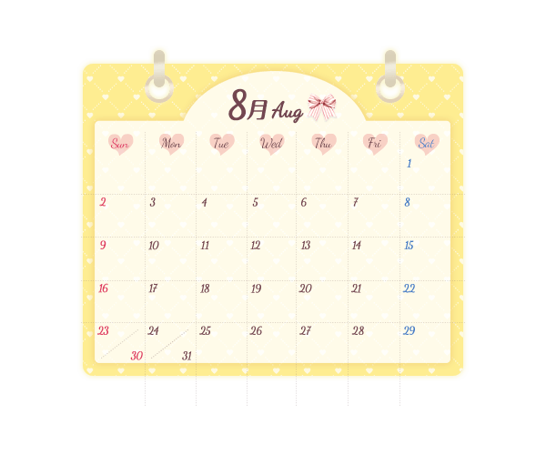 「2026年8月 August」カレンダーセットのスタンプ