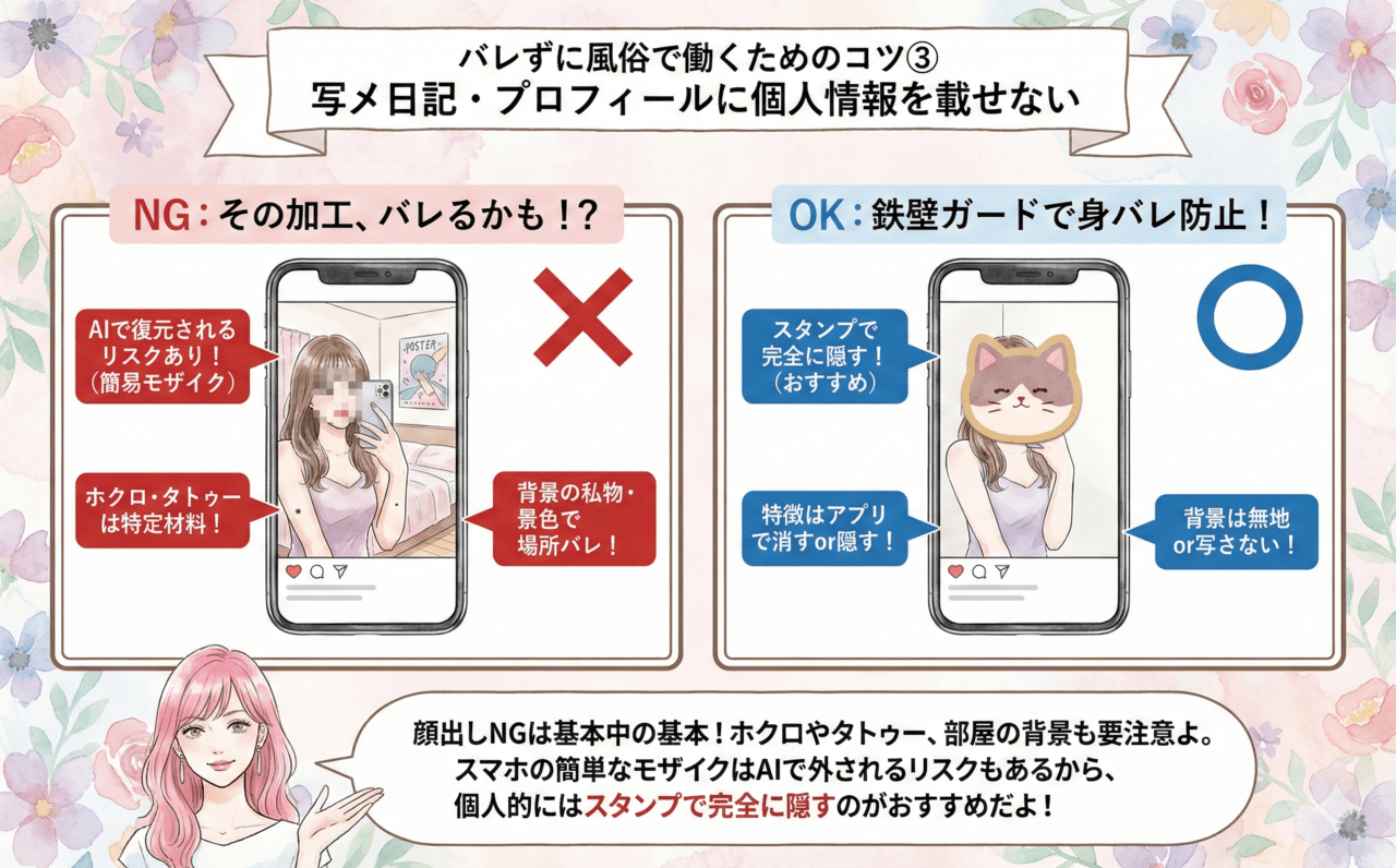 バレずに風俗で働くためのコツ③写メ日記・プロフィールに個人情報を載せない