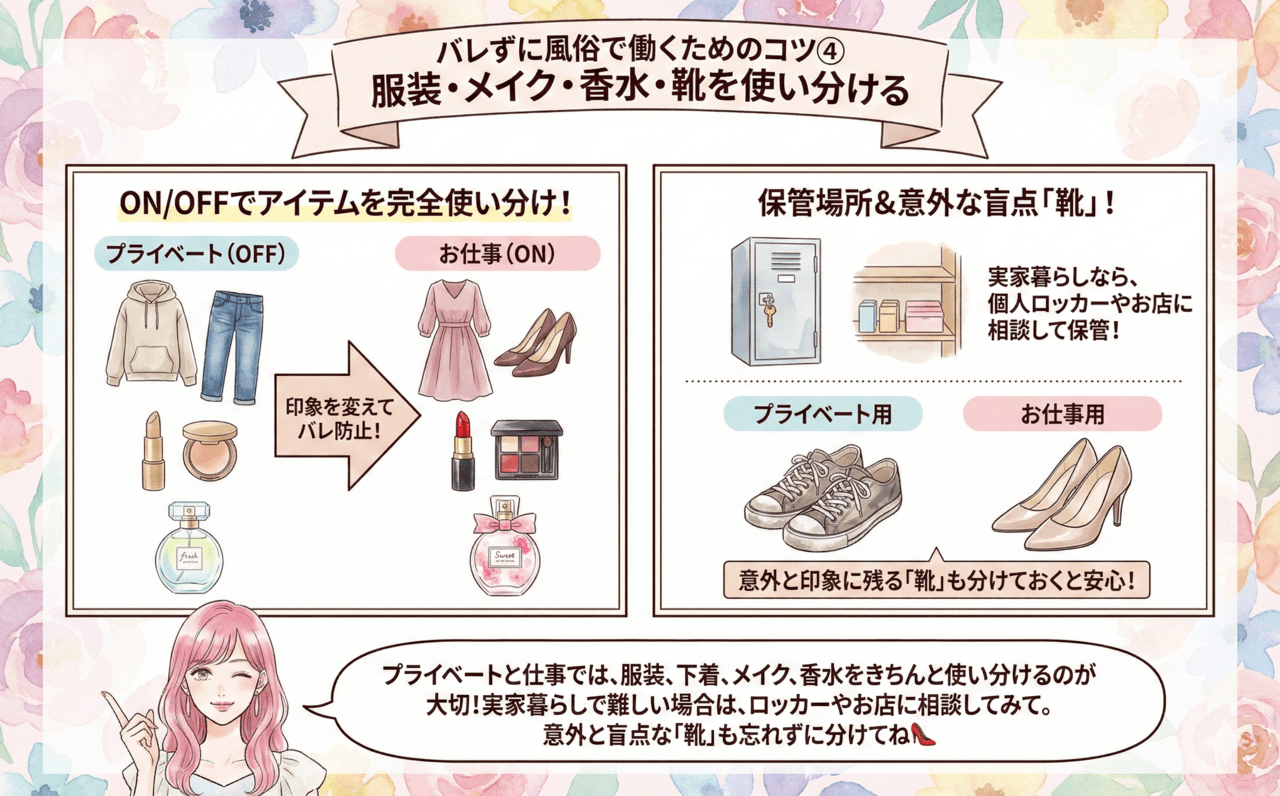 バレずに風俗で働くためのコツ➃服装・メイク・香水・靴を使い分ける