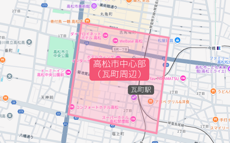 高松市中心部(瓦町周辺) | 高松の代表的な歓楽街
